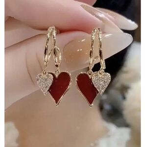 Elegant Gold Double Heart Crystal Drop Earrings Red Enamel Dangle Pendant Charm